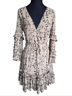 Saints + Secrets Beige Black Floral Ruffle Mini Dress Coquette Woodsy Fairy M